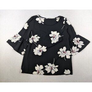 LES AMIS - WOMEN'S BLACK FLORAL PRINT 3/4 BELL SLEEVE TOP - SIZE M